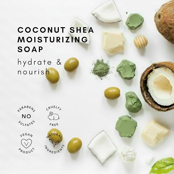 Olivia Care Moisturizing Bar Soap Pack by Natural & Organic Infused with Coconut, Shea Butter & Green ClayDeep Clean, Refreshing, Moisturizing & Hydrating, Coconut Shea, 3 Count (Pack of 3)