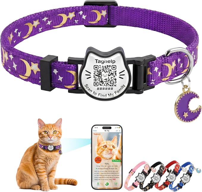 Stars and Moon Breakaway Cat Collars with Smart QR Code,Kitten Collar and Adjustable with Pendant Glow,Cute Kitty Collar for Girl Boy Cats,Pet Gifts,Accessories (Purple)