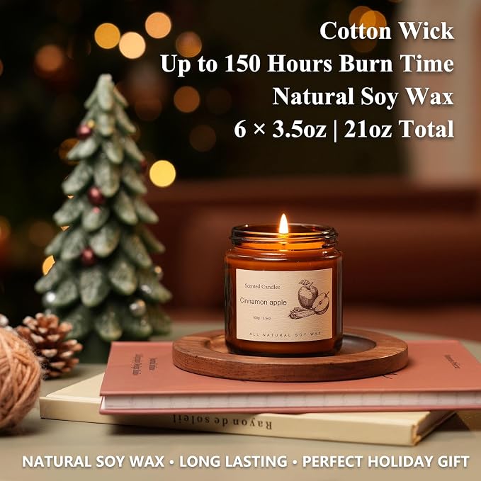 6 Pack Candles for Home Scented,Long Lasting Soy Candles for Home,Holiday Scented Candle Gift Set with Cinnamon Apple,Pumpkin Chai&Vanilla,Natural Aromatherapy Candles,Holiday Gifts for Women