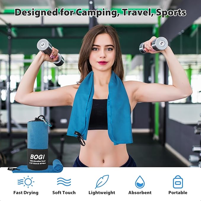 BOGI Microfiber Travel Sports Towel-Quick Dry Towel, Soft Lightweight Microfiber Camping Towel Absorbent Compact Travel Towel for Camping Gym Yoga Swimming Backpacking (XL:72''x32''+16''x16''-Blue)