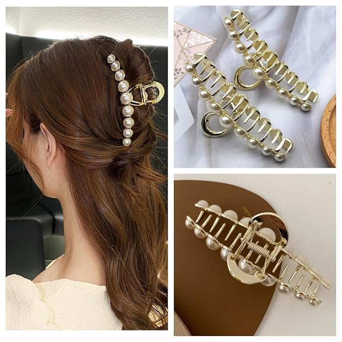 Rhinestone Hair Claw Clips, 4.4 Inch Vintage Metal Imitation Pearl Hair Jaw Clip for Women, Non Slip Hair Clamp Fashion Wedding Party Accessories Elegant Hair Decorations