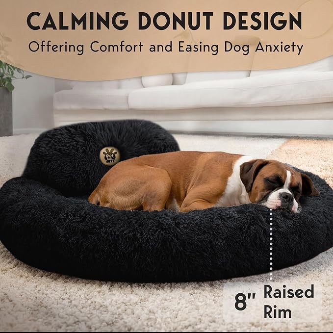 PetJett XL Dog Beds for Large Sized Dog - 45'' Extra Large Dog Bed, Anti-Slip & Washable Super Soft Round Donut Bed, Fluffy Faux Fur Anti-Anxiety Premium Comfort Pet Bed, Fits Dogs up to 120 lbs