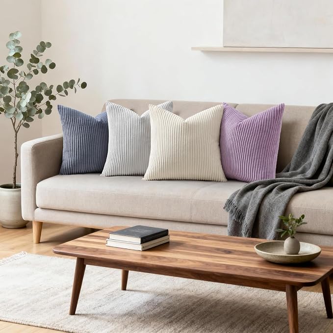 Mecatny Corduroy Decorative Throw Pillow Covers 16x16 Set of 2 Lilac | Soft Striped Texture, Hidden Zipper Design, Neutral Boho Square Pillow Cases for Sofa Couch Living Room Bedroom, Home Décor