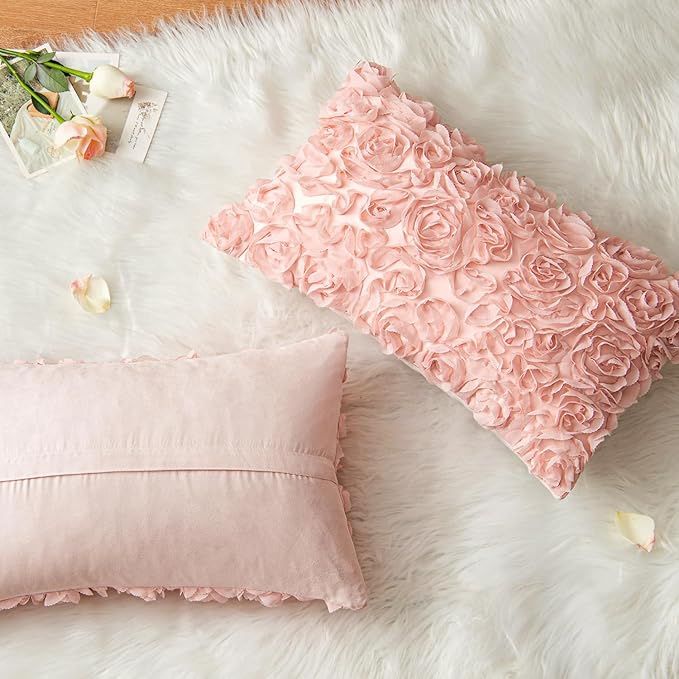 MIULEE Decorative Rose Flower Pillow Cover Pack of 1 Peach Pink 12x20 Inch | Cute Romantic Stereo Chiffon Throw Pillow Cover Aesthetic Solid Pillowcase for Girl Coquette Room Decor Coach Bedroom