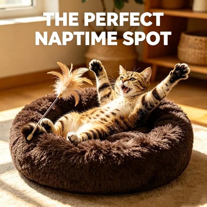 Cat Beds for Indoor Cats - Cat Bed Washable 20/24 inches, Dog Beds for Small Medium Dogs, Anti Anxiety Round Fluffy Plush Faux Fur Pet Bed, Thick Bottom (Coffee, Medium)