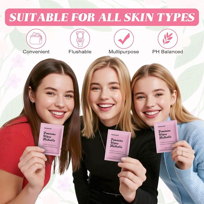 twoworld 200 Feminine Wipes Individually Wrapped,Flushable Wipes Travel | Feminine Care Vaginal Wipes for Adult,Women,Girl and Homeless(Unscented)