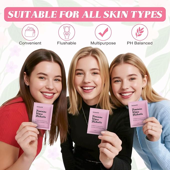 twoworld 100 Feminine Wipes Individually Wrapped,Flushable Wipes Travel | Feminine Care Vaginal Wipes for Adult,Women,Girl and Homeless(Unscented)