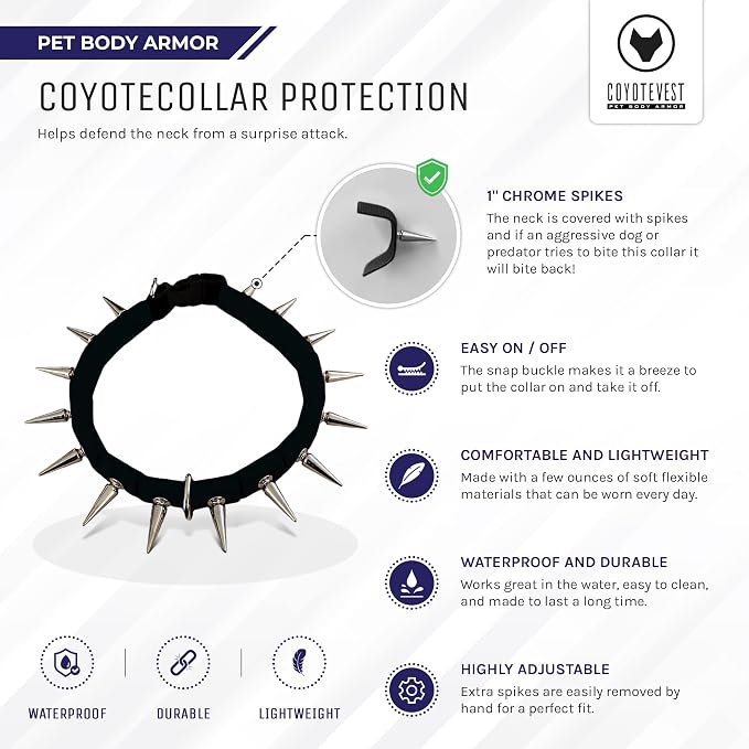CoyoteCollar Spike Dog Collar, Adj/Replaceable Spikes, Large, Black