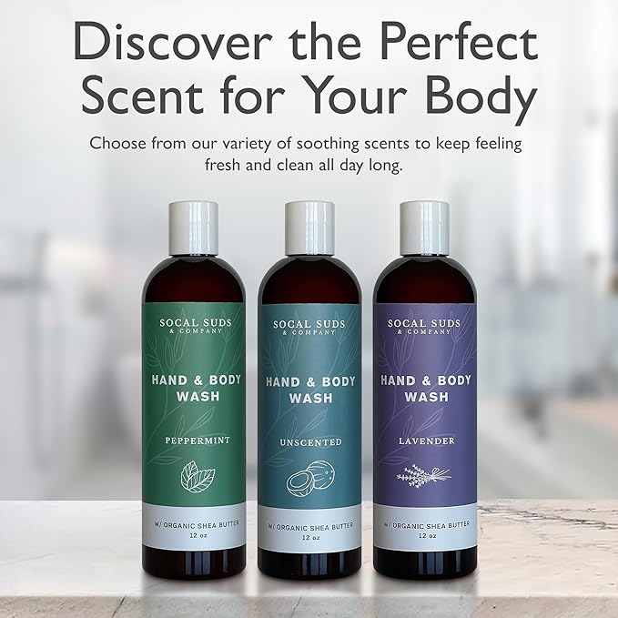 SoCal Suds & Company Organic Shea Butter Body Wash, 2-Pack – Fragrance-Free Liquid Castile Soap for Hand & Body, Moisturizing Plant-Based Organic Soap for Women, Men & Sensitive Skin (12oz Each)