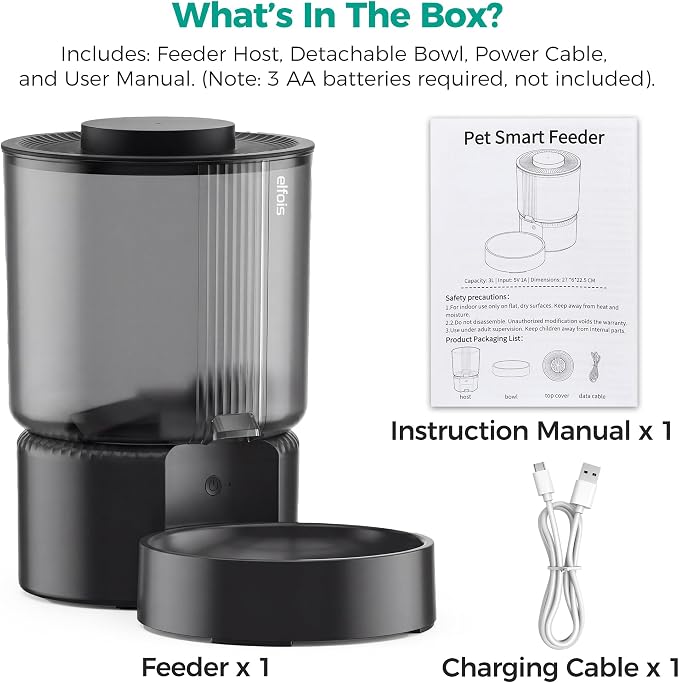 WiFi Automatic Cat Feeder, Smart App Control, 3L | WiFi scheduling, dual power(no battery), detachable & easy clean. Locks dry food flavor, ideal for cats & small dogs.