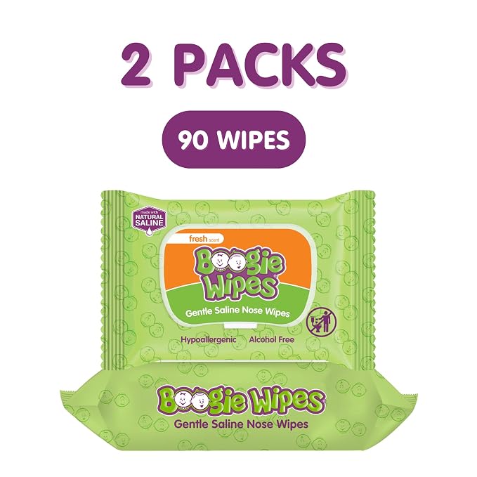 Boogie Wipes Gentle Saline Nose Wipes - 90 Count - Fresh Scent, Hypoallergenic & Alcohol-Free - Allergy Relief - Made with Natural Saline, Aloe, Chamomile & Vitamin E - Diaper Bag Essential