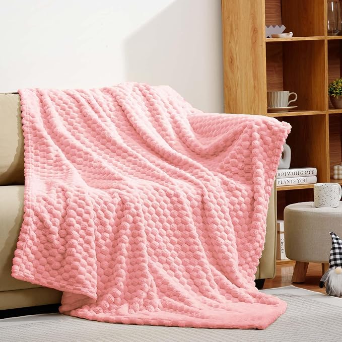 Excervent Hexagon Jacquard Throw Blanket for Bed, 50x70 Inches, Baby Pink | Decorative Fuzzy Flannel Fleece Throw Blanket for Sofa Bed Couch, Super Soft Cozy, Suitable for All Seasons