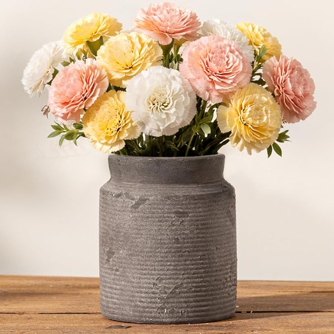 Ceramic Flower Vase 6.5 inch Farmhouse Rustic Vase for Home Decor Handcrafted Pottery Vase Small Terracotta Vases for Dining Table Fireplace Living Room Bathroom Wedding Centerpiece (S-Dark Gray)