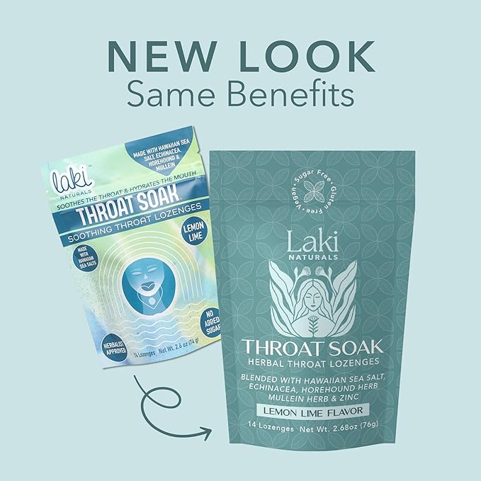 Laki Naturals Throat Soak Herbal Throat Lozenges (2 Pack) – Hawaiian Sea Salt Sore Throat & Dry Mouth Soothing Drops – Vegan, Non-GMO, Sugar-Free & Gluten-Free Sweet and Salty Herbal Candies