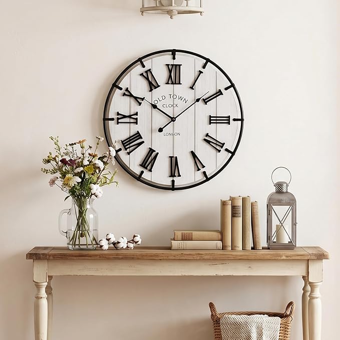 EMAX HOME Large 20 Inch Farmhouse Wall Clock, Distressed White Wood Grain Dial with Heavy Duty Black Metal Frame, Silent Non-Ticking Sweep Movement for Living Room, Bedroom, Kitchen or Entryway