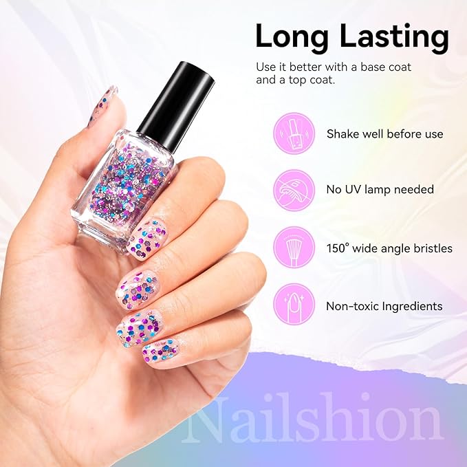 Confetti Nail Polish, Purple Blue Rose Gold Glitter Sparkle Nail Polishes with Hexagon Glitter, Rich in Castor Oil, Air Dry No Need U/V Lamp, Iridescent Geometric Nails Art Home DIY Gift