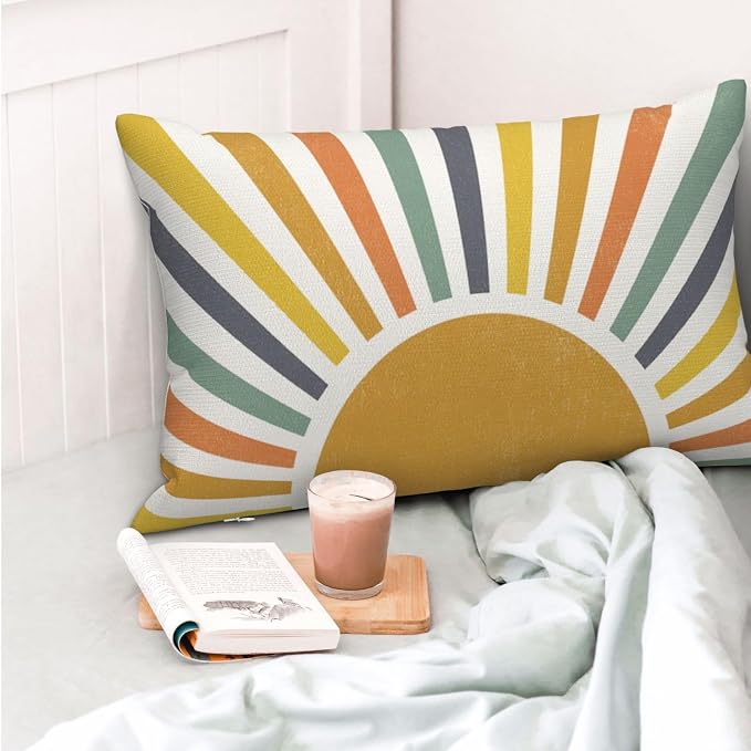 Boho Pillow Covers 12x20 Set of 2 Stripes Colorful Yellow Sunshine Decorative Pillow Cases Summer Rainbow Sun Outdoor Cushion Cover Cute Farmhouse Linen Decor Throw Pillows for Couch Sofa