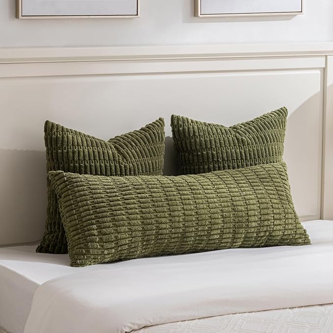 Fancy Homi Decorative Throw Pillow Covers for Bed Couch Bedroom Bench, Soft Corduroy Solid Pillow Case, Rustic Farmhouse Boho Room Decor,54" x 20" (Pack of 1),Moss Green