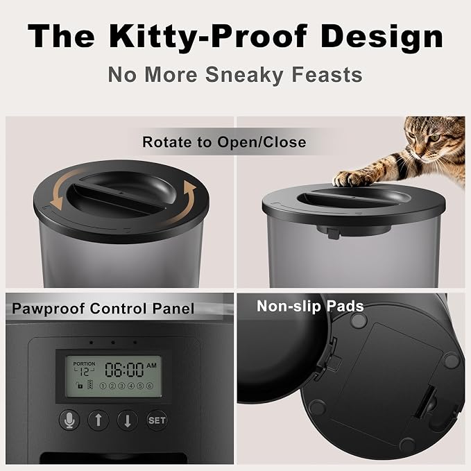 Automated Cat Feeder,Clear 4.2L Dry Food Dispenser with Single Bowl,Programmable Timed Pet Feeder for Up to 6 Daily Meals,10-Second Voice Message & Dual Power Backup (Black, 4.2L Press Version)