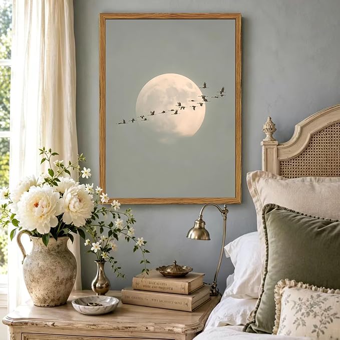 Framed Vintage Bird Wall Art, Minimalist Moon Flying Birds Pictures Wall Decor, Japandi Nature Landscape Paintings Canvas Prints Neutral Home Decor for Living Room Bedroom Bathroom 12x16 Inch