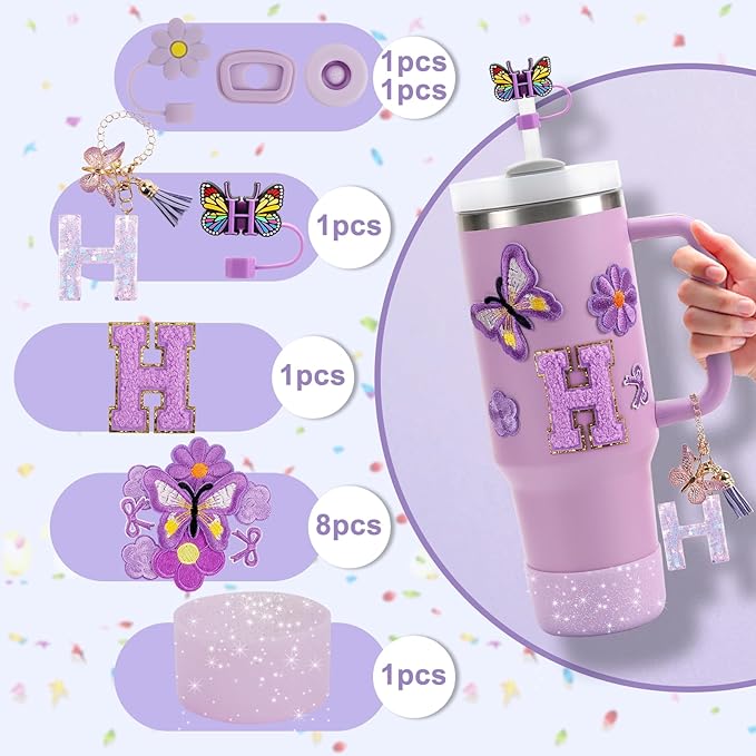 15PCS Cup Accessories Set for Stanley Cup 30oz 40oz Tumbler with Handle, Including Silicone Straw Cover and Boot, Spill Proof Stopper, Stanley Charms, Handle Charm, Initials Sticker