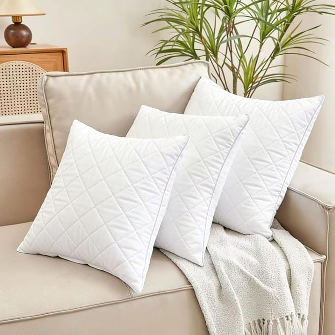 Qeils Quilted 18 x 18 Pillow Inserts Set of 2 White Throw Pillow Inserts with Soft Polyester Cover - Rectangle Square Sofa Quilting Pillow Inserts Decorative Pillow Insert White Couch Pillow