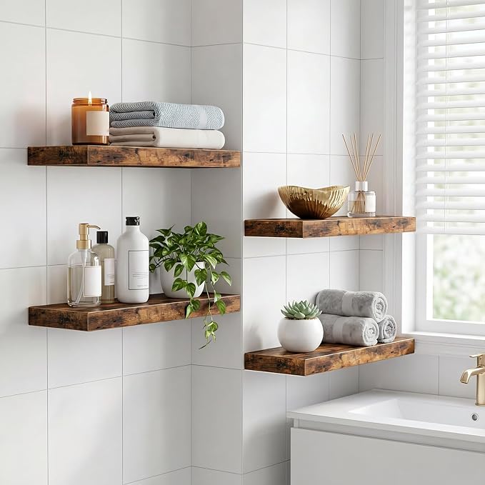 Fixwal Floating Shelves for Wall Decor (Rustic Brown, Set of 4, 15.7 Inch) | MDF Shelves with Metal Brackets, Space Saving for Books, Decor, Works in Bathroom, Kitchen, Living Room, Bedroom