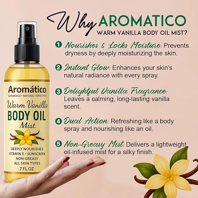 Aromatico Warm Vanilla Body Oil Mist for Women – 7 fl oz | Lightweight, Non-Sticky, Spray-on formula for Daily use After Shower | Moisturized, Soft, Glowing Skin | Cozy, Creamy Vanilla Scent
