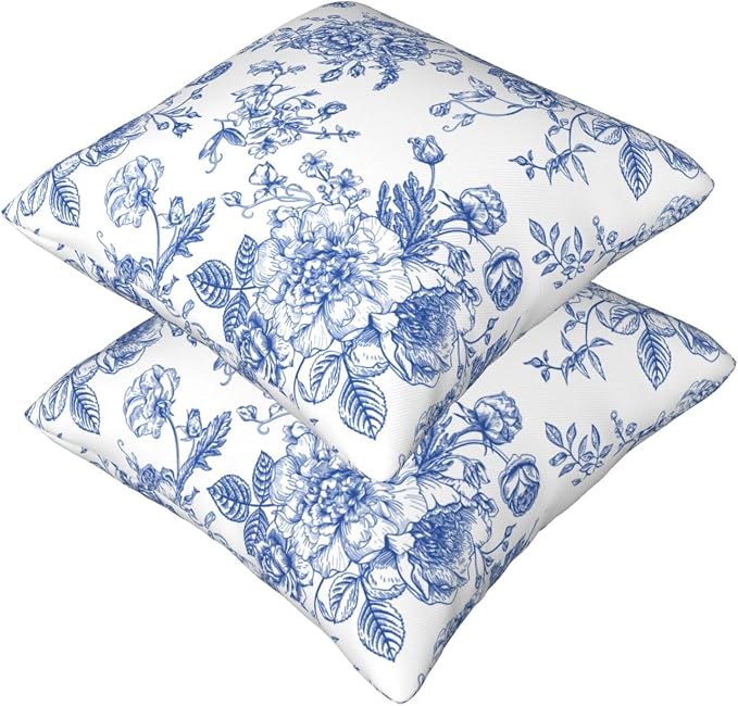 Blue White Chinoiserie Floral Throw Pillow Covers 16x16 Set of 2 Farmhouse Decorative Cushion Cases Home Decor