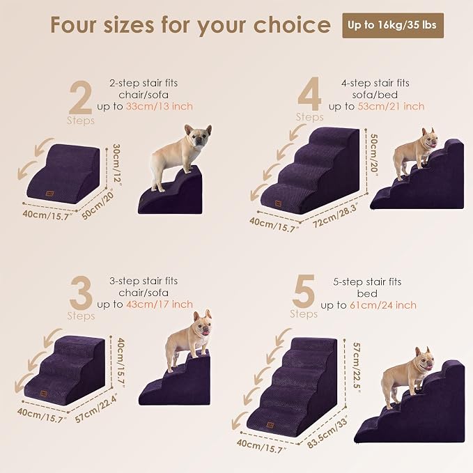 EHEYCIGA Curved Dog Stairs Ramp, 3-Step Dog Steps, 15.7" H Pet Step | 33D density of pure foam, for Small Dogs and Cats, Pet Stairs for High Bed Climbing, Non-Slip Balanced Indoor, Purple