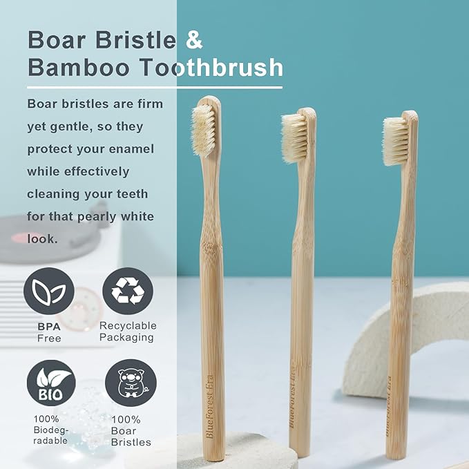 BlueForest Era Boar Bristles & Bamboo Toothbrush, Premium Boar Bristle Toothbrush for Adult, Plastic & Nylon Free, Eco-Friendly Natural Biodegradable Compostable Bamboo Tooth Brushes 6 Pack