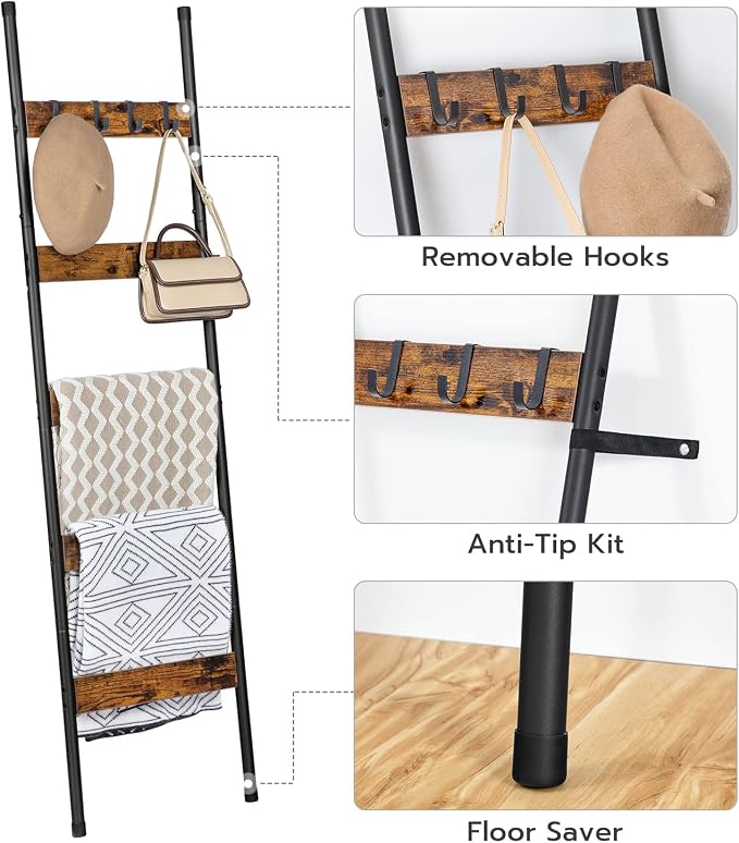 HOOBRO Blanket Ladder, 5-Tier Towel Rack with Hooks, Wall-Leaning Blanket Rack, Decorative Display Ladder Shelf, for Scarves, Industrial, Living Room, Bedroom, Rustic Brown and Black BF52CJ01