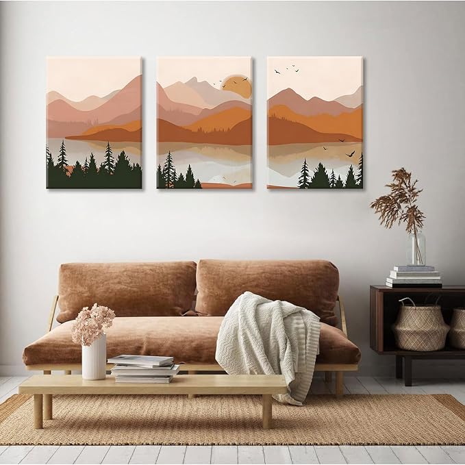 Bwodke Orange Mountain Canvas Wall Art Set of 3, 16x24 inch | Boho Watercolor Wall Decor, Orange Mountain Sun Forest Prints, Living Room Bedroom Office Art
