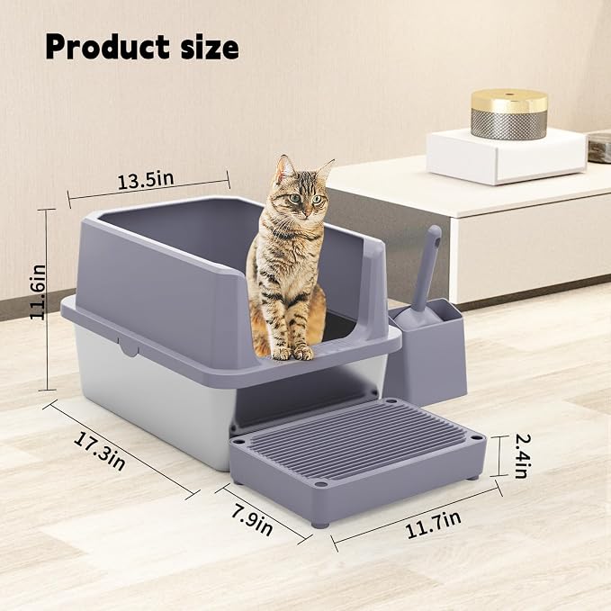 RIZZARI Cat Litter Box Non-Porous: Open High Sides for Indoor Cats | Open-Top Airflow / High Anti-Spill Edges / Wavy Mat Anti-Tracking / Spacious for All Breeds / Easy Visibility for Quick Clean