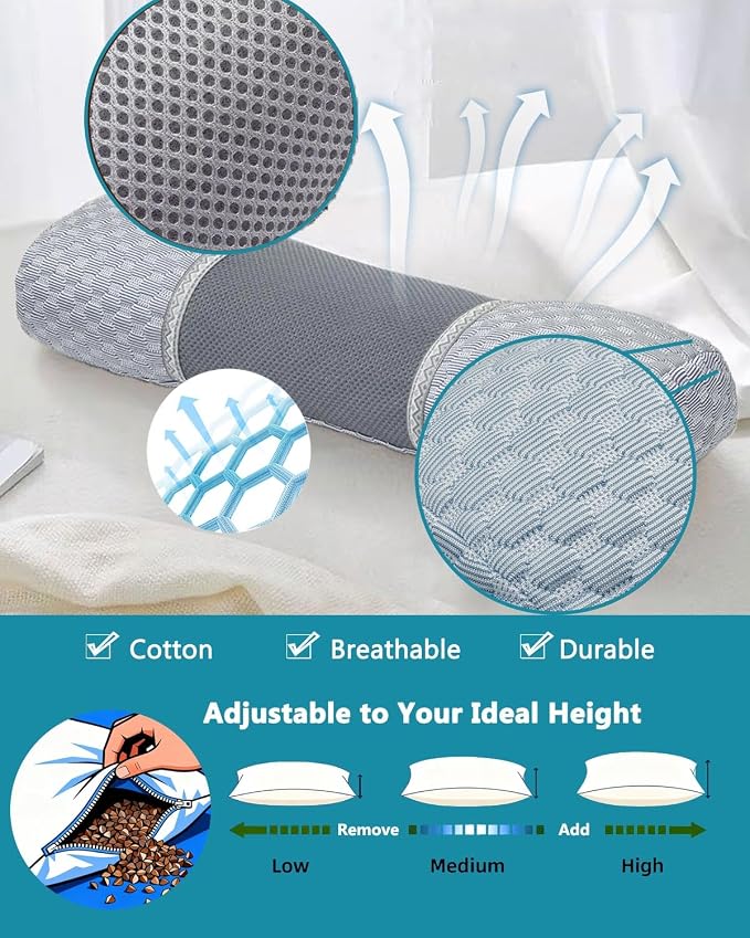 Buckwheat Cervical Pillow for Sleeping, Adjustable Roll Pillow for Neck Relief with Washable Pillowcase, Round Cylinder Bolster for Firm Support, 16.5x4.7 inch (Grey)