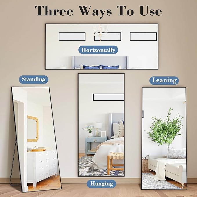 DUMOS 15"x56" Full Length Floor Mirror, Full Body Mirror | Free Standing or Wall Mount, Nano Glass Aluminum Frame, Hanging or Leaning, Modern Simple Home Decor, Black