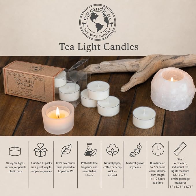 Eco Candle Co. Coconut Lemongrass Tea Light Candles, 10-Pk, 9 Hr Burn Time | Scents of Coconut, Lemongrass, Vanilla, & Orange - Recyclable, No Lead, Hand Poured, Midwest Soybeans, .6 oz. Each