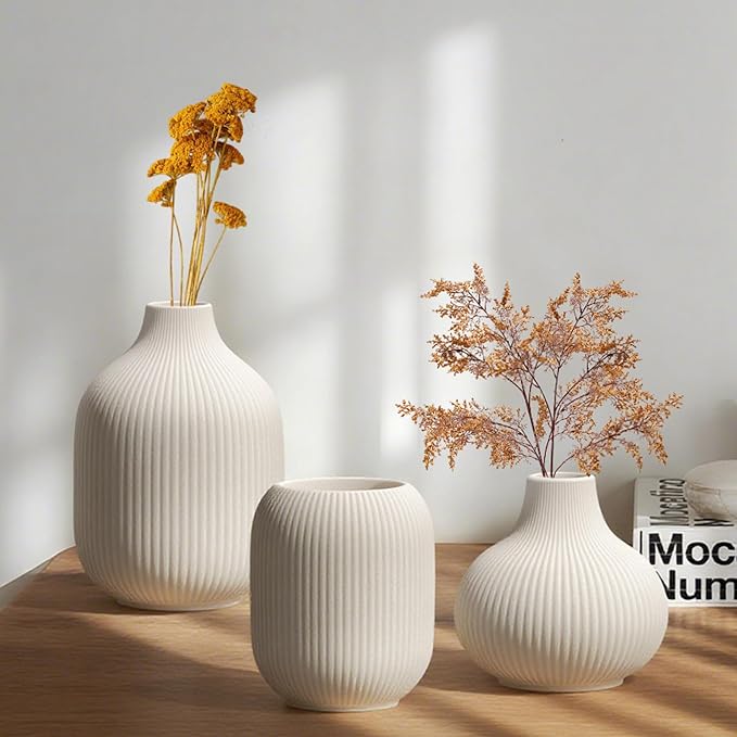 White Small Ceramic Vases Set of 3, Matte Vertical Ribbed, Minimalist for Pampas Dried & Fresh Flowers, Centerpiece for Living Room, Shelf, Entryway,Wedding,Office