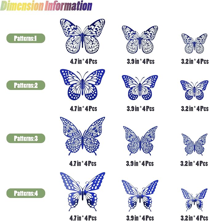 SAOROPEB Butterfly Wall Stickers, 48 Pcs 4 Styles 3 Sizes, Metallic Paper, Removable, Navy Blue, Art Deco Decor for Wall | 4 Styles 3 Sizes, Butterfly Birthday Decorations Butterfly Party Decorations Cake Decorations, Removable Stickers