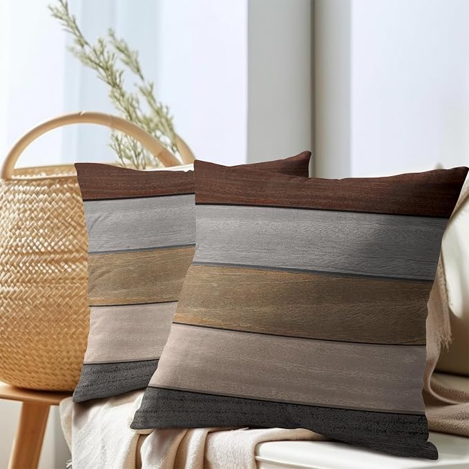 Kawani Grey Brown Wooden Pillow Covers 18x18 Inches Rustic Wood Grain Cotton Linen Square Pillow Cushion Cases for Bed Sofa Patio Porch Home Decor Housewarming Gifts Set of 2