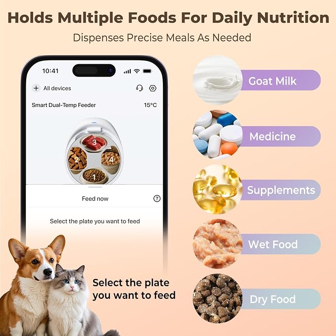 Robotail Automatic Cat Feeder for Wet Food, Smart Dual-Temp Semiconductor Cooling & Heating Auto Cat Feeder with Multi-Function App, 4 Fresh Meal for Cats Small Dog Easy to Clean