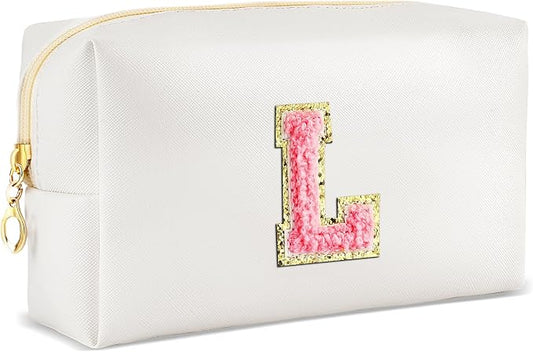 URSKYTOUS Initial Makeup Bag Personalized Preppy Travel Small Cosmetic Bag Cute PU White Chenille Letter Makeup Pouch for Purse Waterproof Zippered Toiletry Organizer for Women Girls Kids Friends (L)
