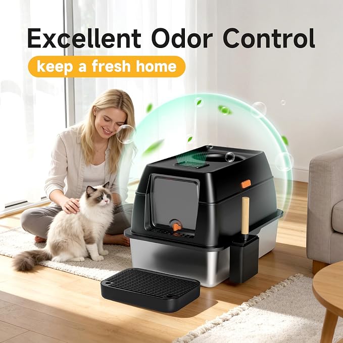 XL Enclosed Stainless Steel Litter Box with Lid, Black | covered, High Sided, Rustproof & Leak Proof, Easy Clean, Odor Control, Includes Scoop & Step & Mat