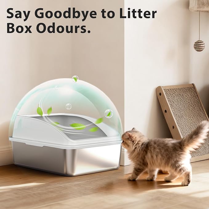 AIPERRO Stainless Steel Litter Box | Metal Kitty Litter Box with Lid | High Sided, Low Entry for Small Cats or Injured Cats | Bunny Litter Boxes | Odor-Free & Non-Stick | Includes Litter Cat Scoop