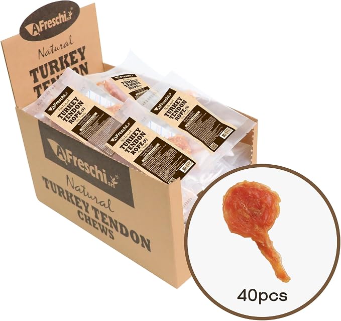 A Freschi srl Turkey Tendons for Dogs, USA-Sourced Human Grade, Rawhide-Free Long-Lasting Puppy Chews, All Natural Hypoallergenic Dog Treats for Small Breeds, Lollipop (S), 40 Count Box