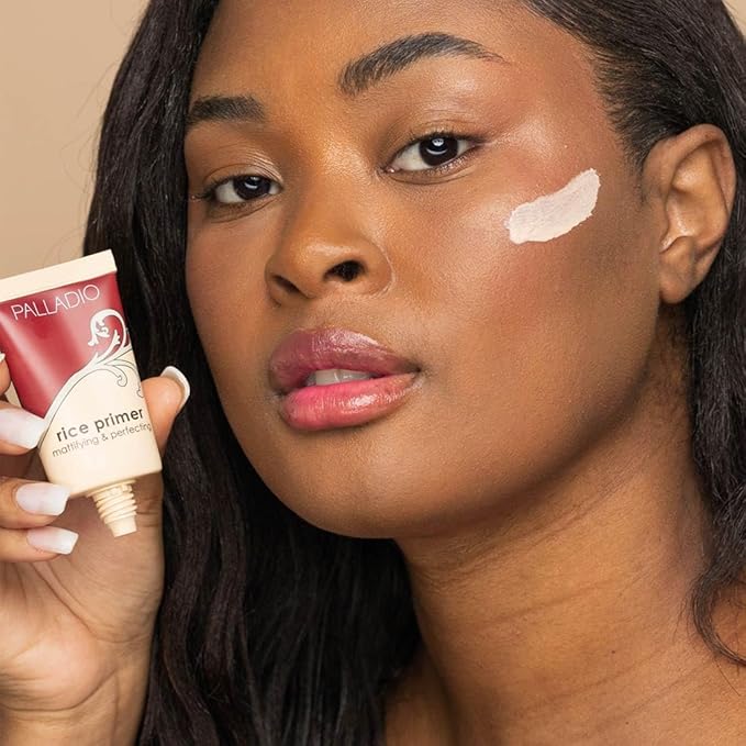 Palladio Rice Primer, Formulated with Natural Rice, Controls Oil on Your Skin and Locks in Makeup, Lightweight with a Smooth Matte Finish, Reduces Facial Shine, for All Skin Types, Beige, 0.71 Fl Oz