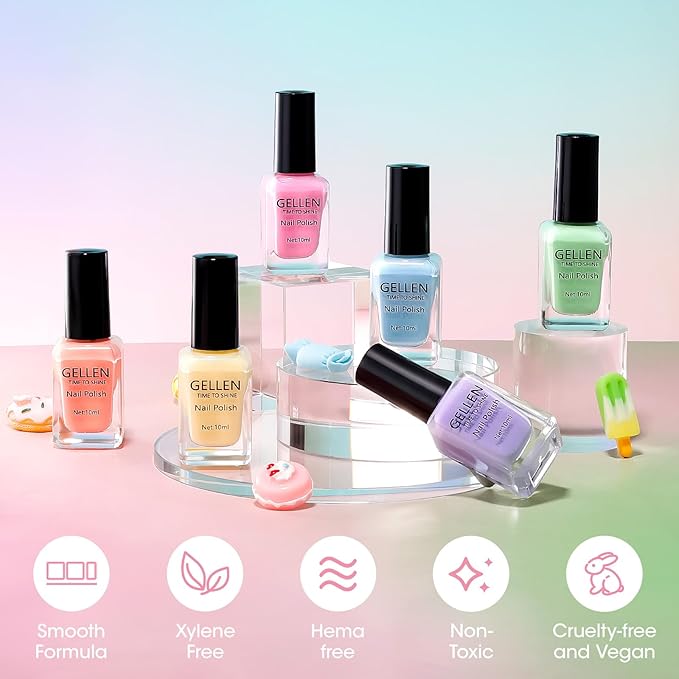 GELLEN Clear Pastel Nail Polish, Sheer Jelly Regular Nail Polish Quick Dry Spring Summer 6-Color Set for Acrylic Natural Nails Home Salon, No UV Gel, Chip Resistant, Hema Free, Non Toxic, TPO Free