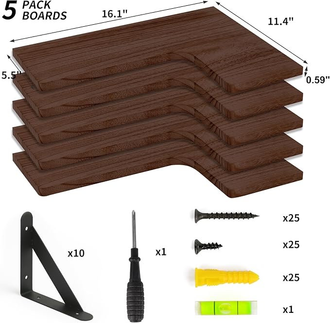 Fixwal Conner Shelves Wall Mounted for Decor, Walnut Brown Set of 5 | Solid wood shelf with metal brackets, holds 40 lbs. Optimizes corner storage. Fits bathroom, kitchen, bedroom & living room.