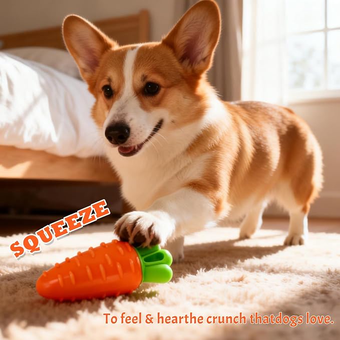 DAMAH Dog Squeaky Chew Toys for Aggressive Chewers, Rubber Carrot Dog Toys for Training and Cleaning, Durable Interactive Tough Dog Toy for Puppy Medium Dogs