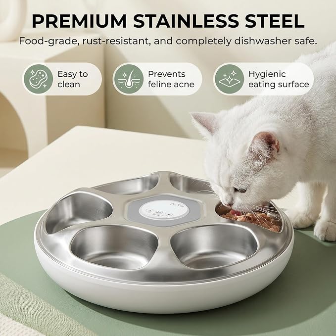 Ownpets Automatic Wet Food Feeder, 6 Meals Auto Dispenser with Timer | Stainless Tray, 2 Ice Packs, Cordless Design, 30-Day Battery Rechargeable, For Cats & Small Dogs, Easy Clean, White
